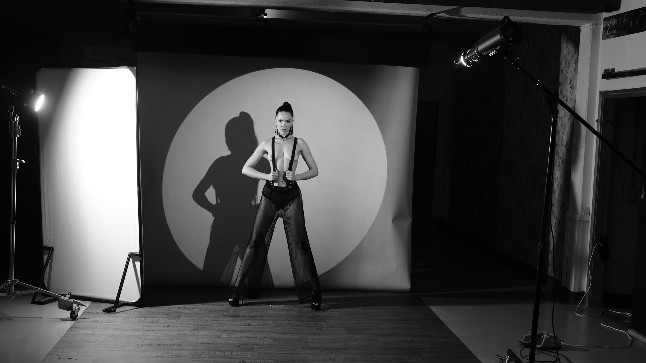 Blick ins PR-Arts Studio während eines Workshops: Model vor ausgeleuchtetem Hintergrund, Blitz am Galgen, Stative im Bild